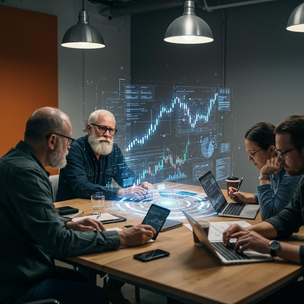 회의실에서 인물들이 테이블 위 홀로그램 차트를 보며 분석 흐름을 점검하는 순간의 구성