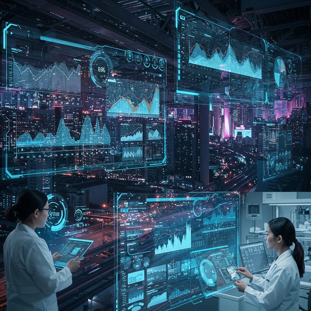미래 도시가 보이는 공간에서 여러 겹의 커다란 투명 디지털 패널에 그래프와 수치가 떠 있고, 흰 가운을 입은 연구원 두 명이 손으로 화면을 조작하며 데이터를 확인하는 모습