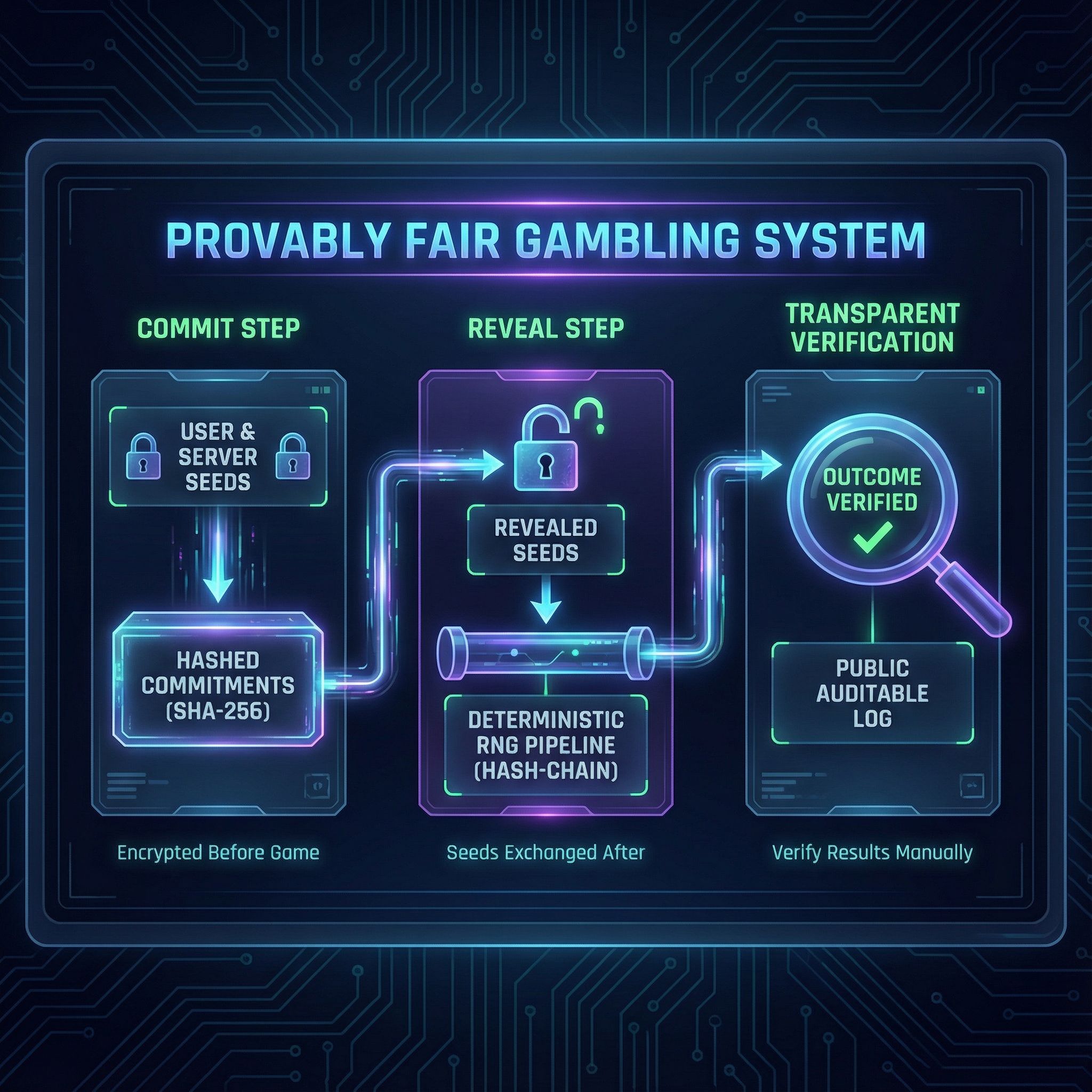 어두운 기술 배경에 해시 커밋과 시드 공개 흐름을 화살표로 잇는 인포그래픽 모습이다