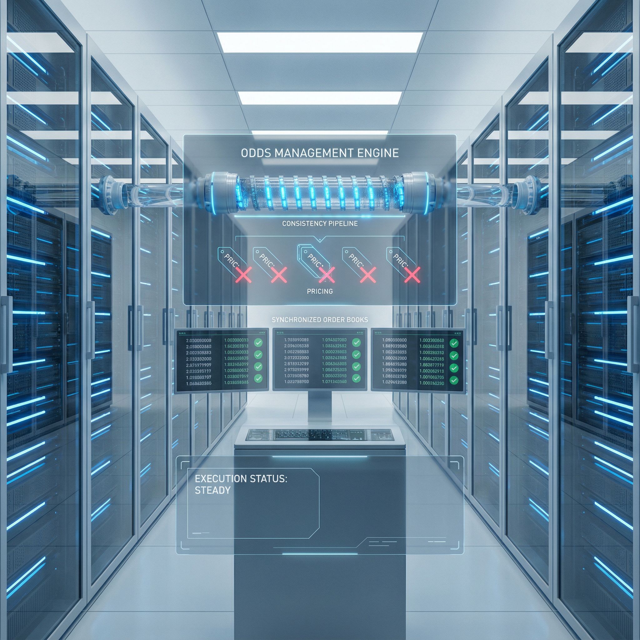 푸른 조명 데이터센터 내부, 일관성 파이프라인과 체크 표시가 빛나는 사이버 UI 모습이다