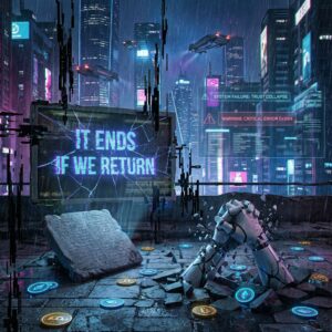 네온빛 미래도시가 어둠으로 깨지며 ‘It ends if we return’ 홀로그램과 부서진 악수,