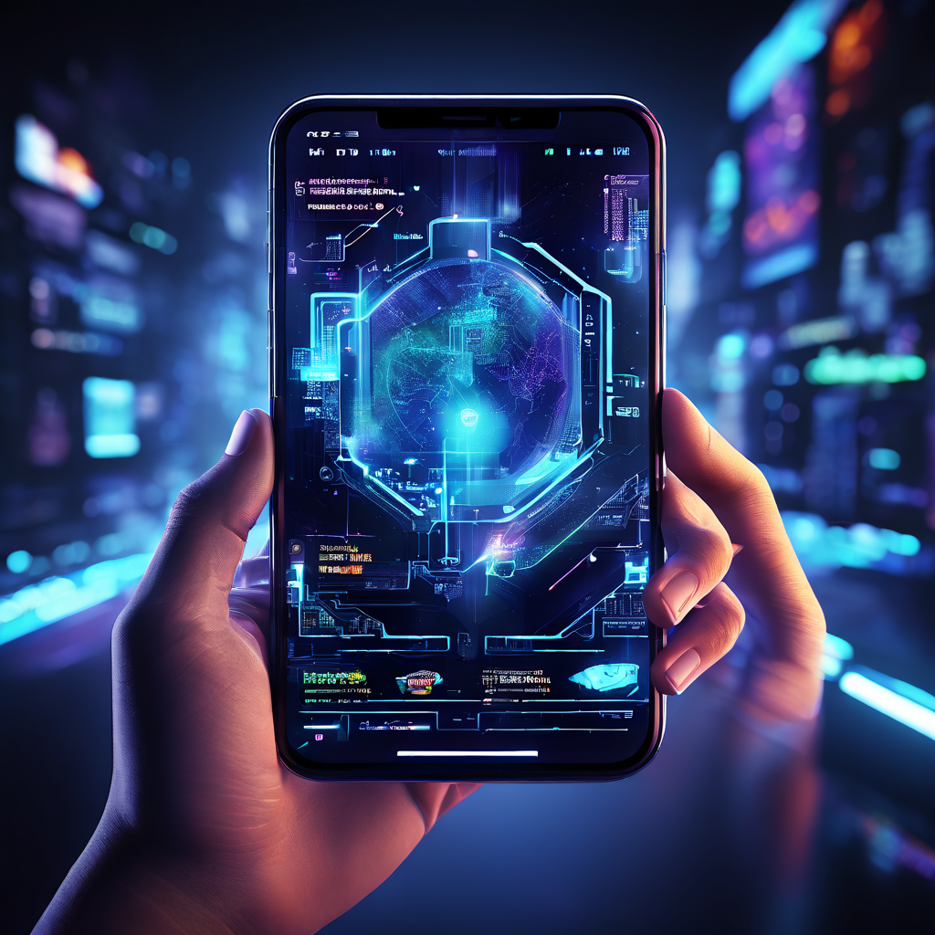 PC 화면이 스마트폰으로 변하며 빛나는 푸른 UI와 데이터가 복잡하게 얽힌 미래적인 모습이다