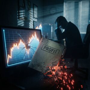 어두운 사무실, 금 간 그래프 위 Profit 보고서가 무너지고 숫자가 떨어지는 모습이다