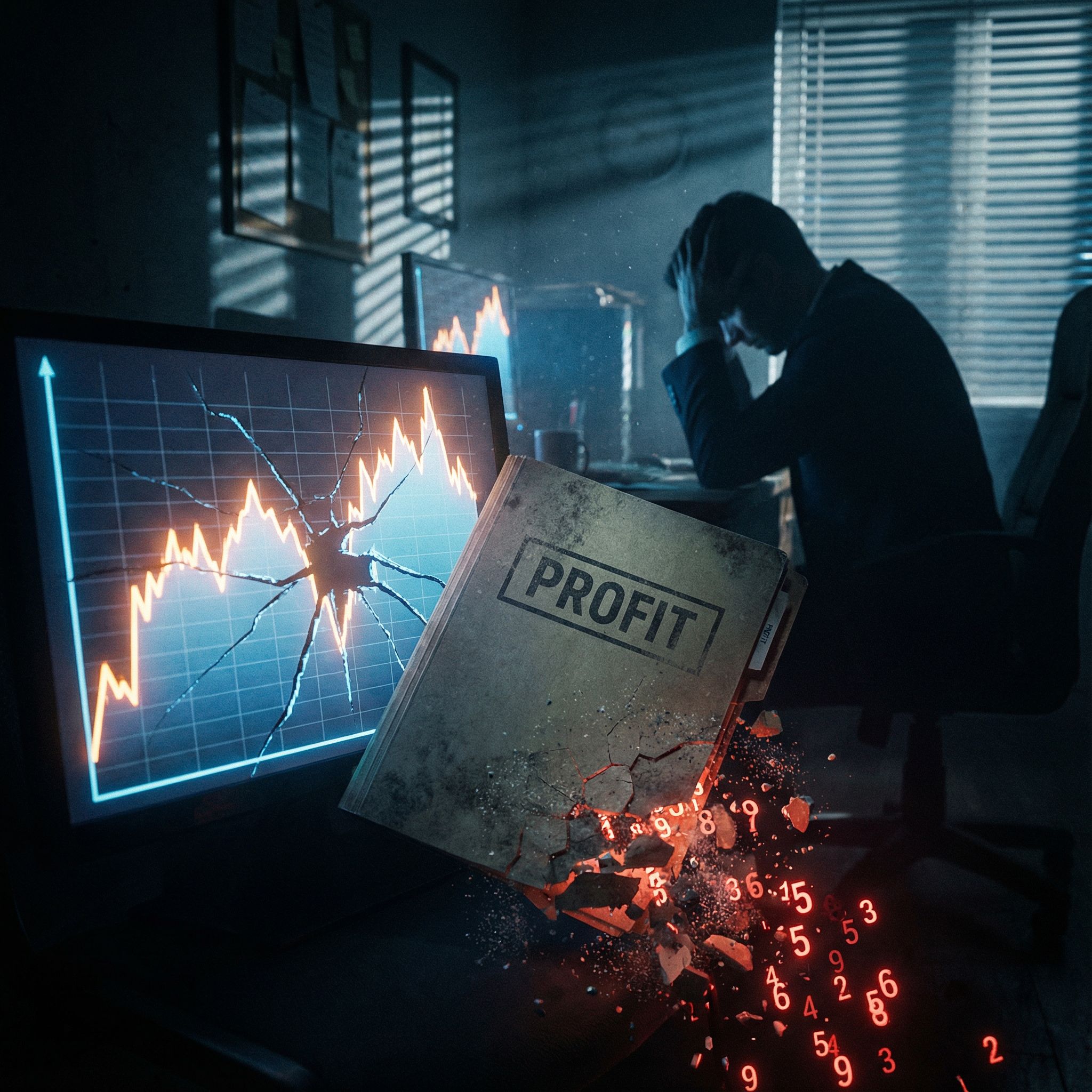 어두운 사무실, 금 간 그래프 위 Profit 보고서가 무너지고 숫자가 떨어지는 모습이다