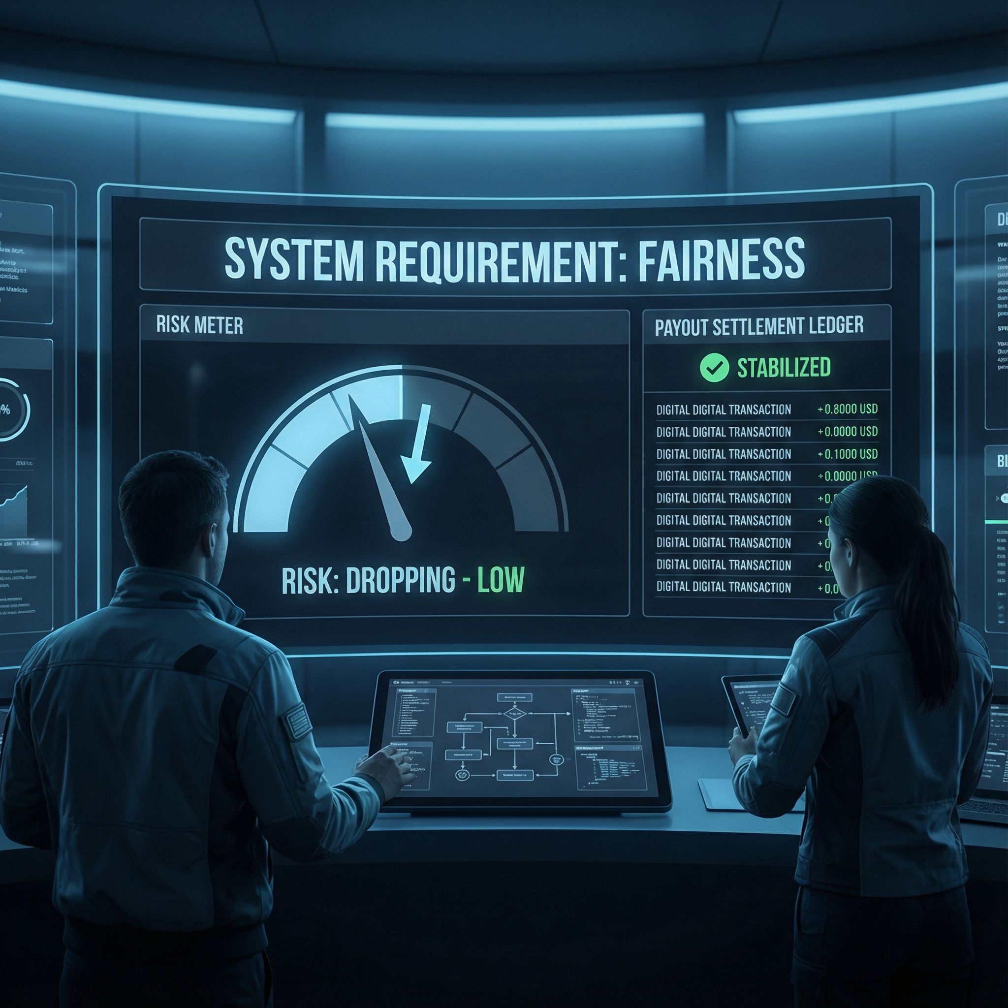 파란 조명 아래 공정성 대시보드, 하락하는 위험계량기와 안정된 정산원장, 엔지니어들이 흐름도를 검토하는