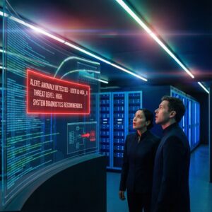 푸른 조명 서버실 대시보드에 로그가 흐르고 빨간 경고창에 놀란 운영자가 선 모습이다