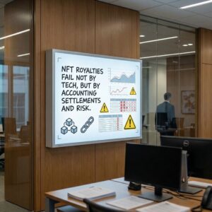 어두운 현대 사무실, 진단보드에 NFT 로열티 실패 문구, 경고표시와 스프레드시트가 중심인 모습이다