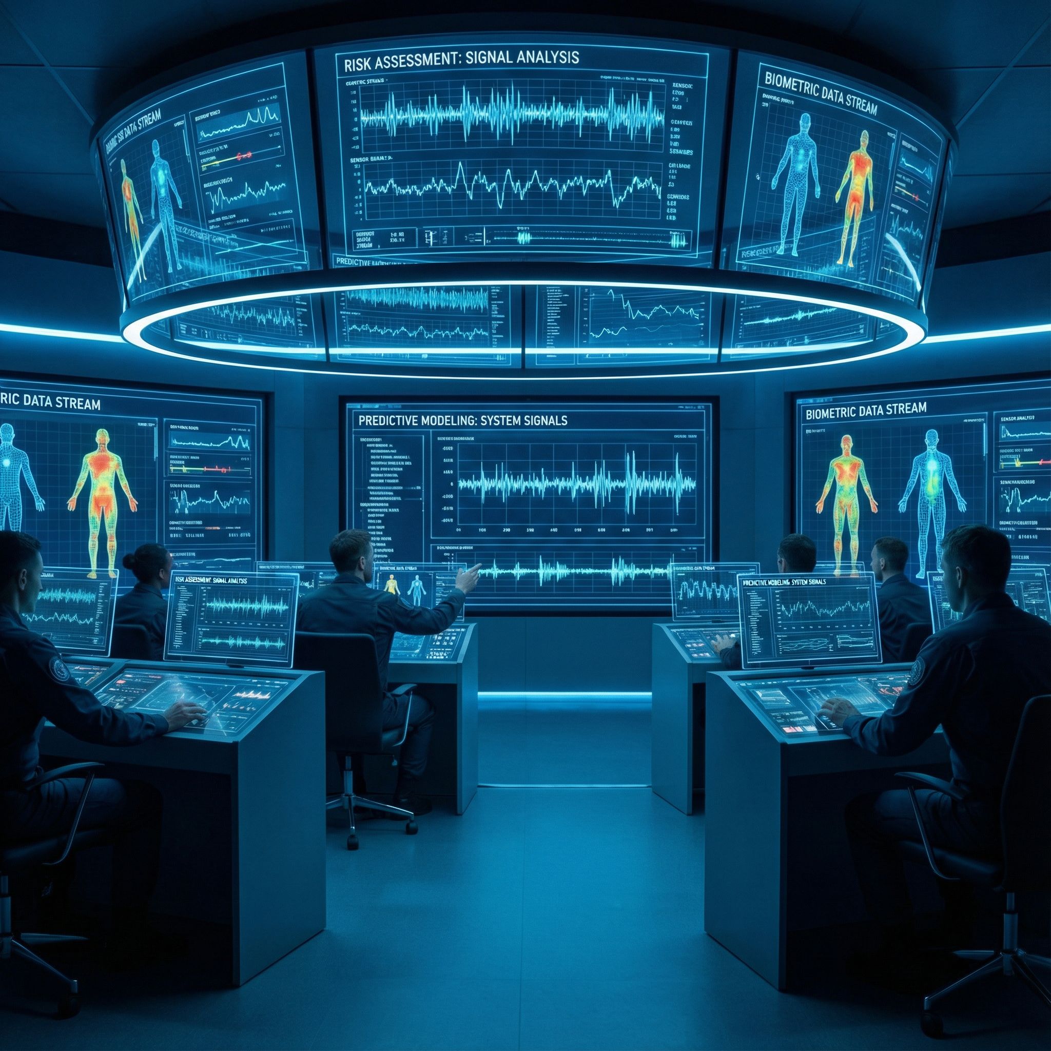 차가운 파란 조명의 관제실 화면에 파형 그래프와 센서 데이터가 겹쳐 표시된 모습이다