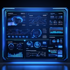 검은 배경에 푸른 빛의 격자와 차트로 구성된 미래형 대시보드 UI가 체계적으로 정돈된 모습이다