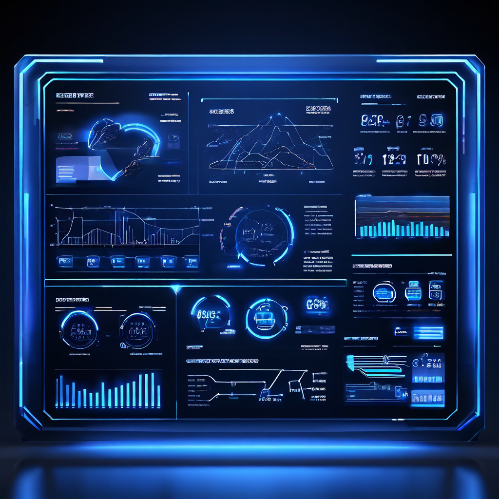 검은 배경에 푸른 빛의 격자와 차트로 구성된 미래형 대시보드 UI가 체계적으로 정돈된 모습이다