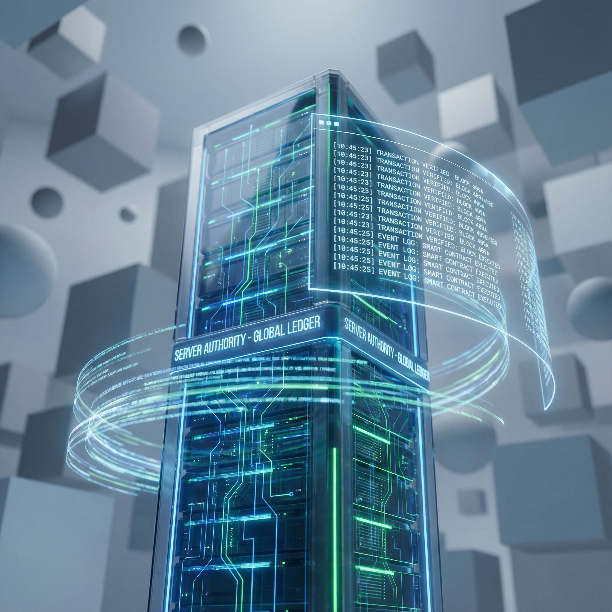 푸른 조명 속 중앙의 거대한 서버가 빛나는 이벤트 장부와 시간표시 거래 흐름을 감시하는 모습이다