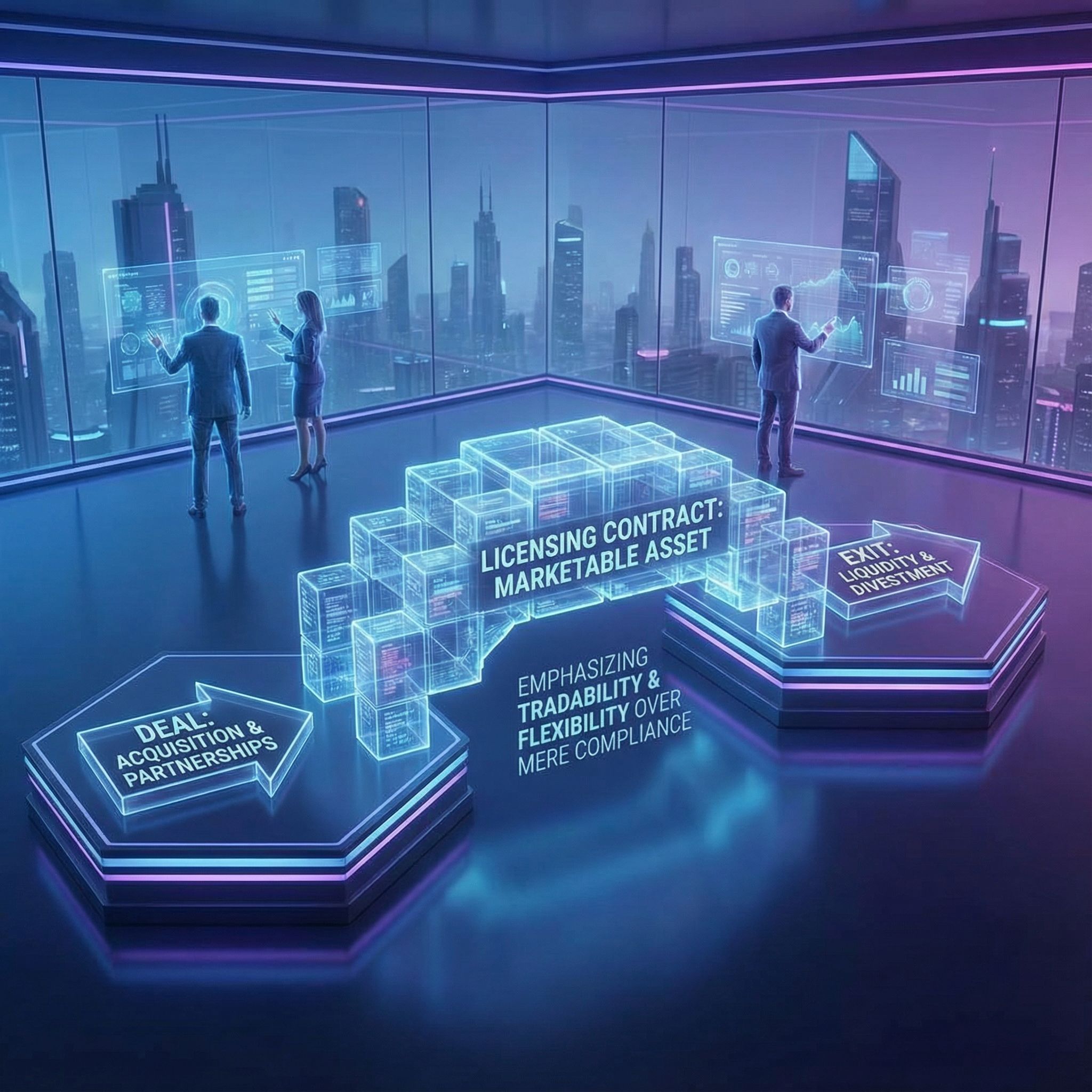 푸른 톤 인포그래픽에 계약서 다리가 놓이고 딜·엑시트 화살표가 향한 모습이다