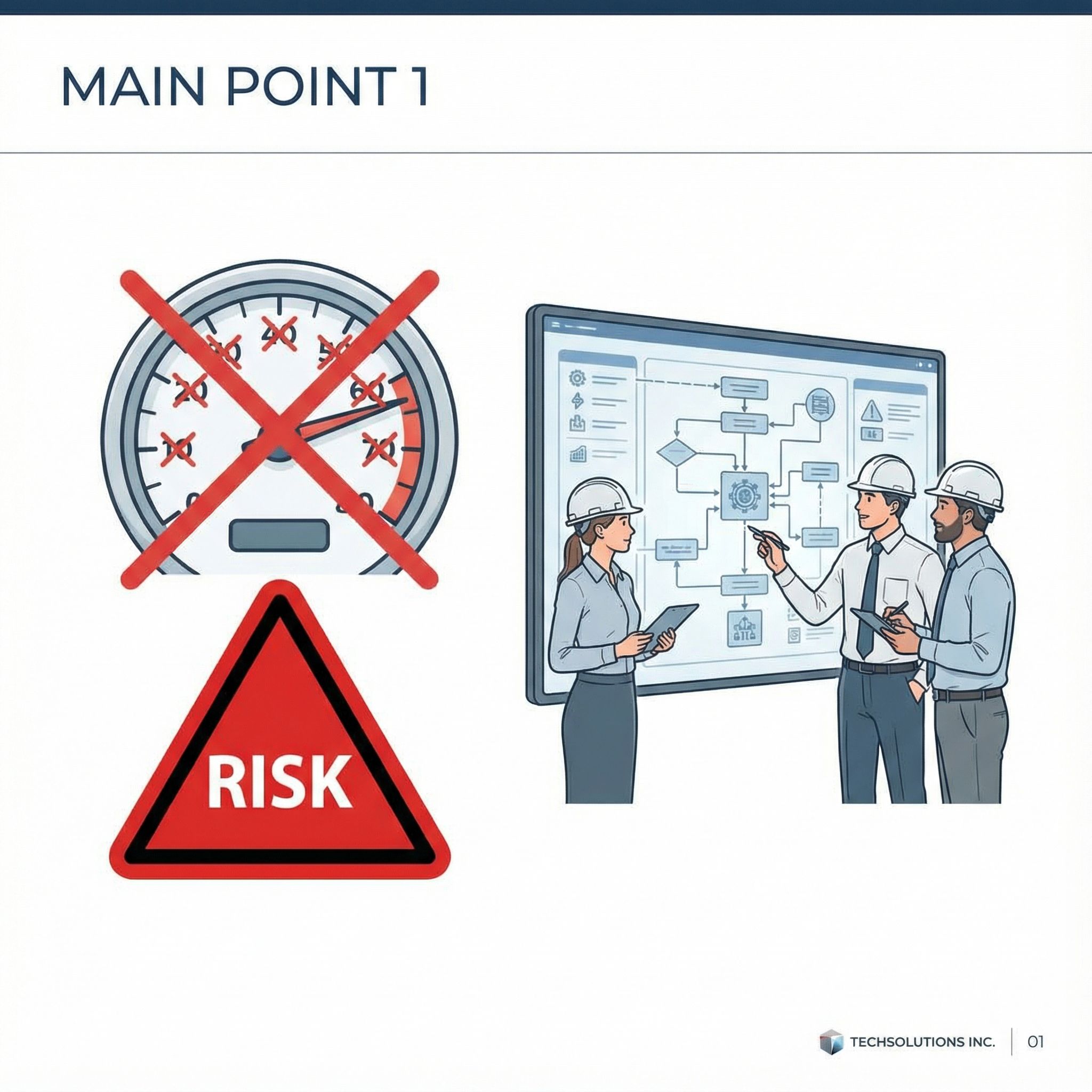 메인포인트1 슬라이드에 숫자 속도계가 X표 되고 빨간 Risk 삼각형과 도면 보는 엔지니어들 모습이다