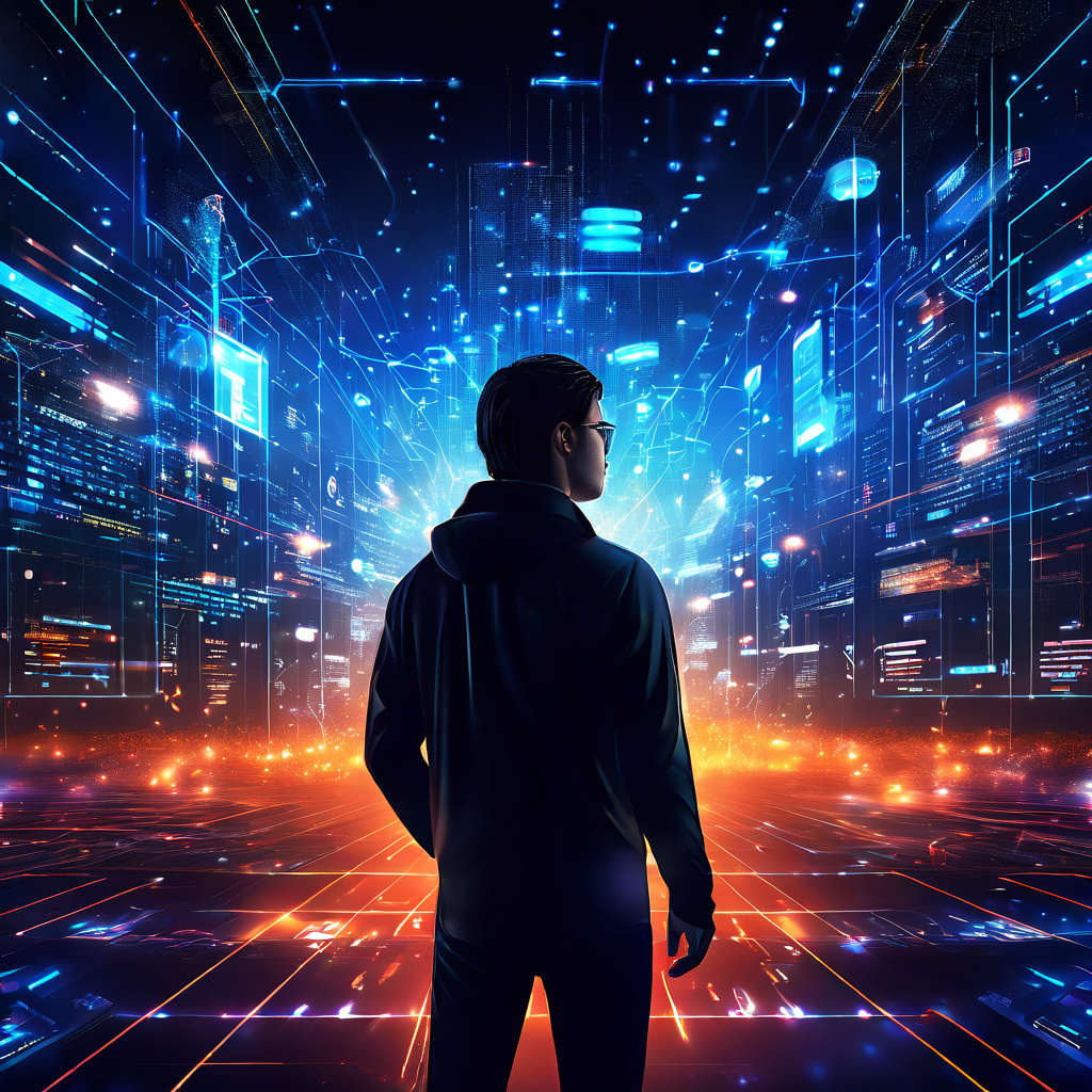 공중에 뜬 다양한 화면과 빛나는 데이터 선이 중앙의 사용자를 감싸며 복잡한 디지털 환경을 묘사한 미래지향적 그림이다