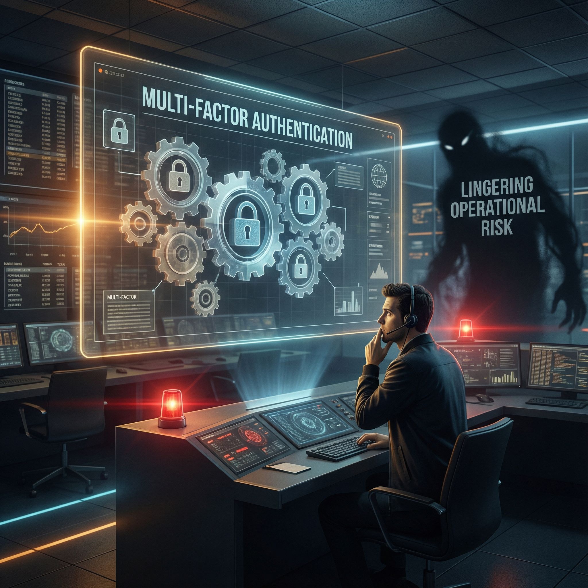 푸른 조명 관제실, 겹겹 톱니와 자물쇠 아이콘 앞 혼란한 관리자와 붉은 경고등이 드리운 모습이다