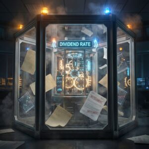 유리 챔버 안 배당률 표기된 금속 엔진이 격렬히 흔들리고, 흰 전표와 차트가 흩날리는 모습이다