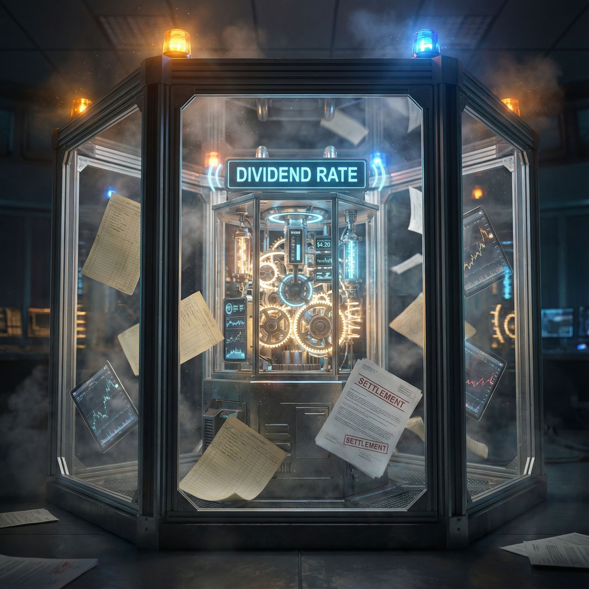 유리 챔버 안 배당률 표기된 금속 엔진이 격렬히 흔들리고, 흰 전표와 차트가 흩날리는 모습이다