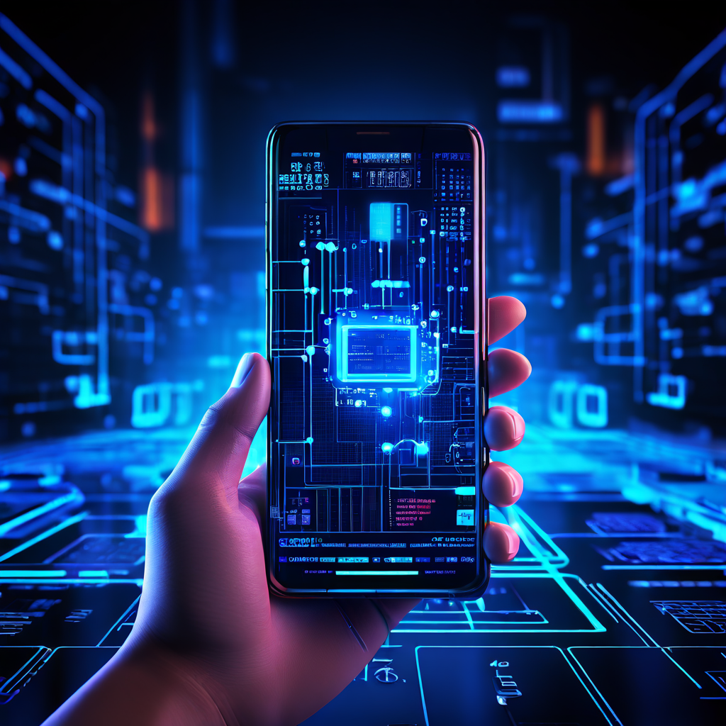 푸른 네온 회로 배경 속 스마트폰 화면에 복잡한 코드와 성능 그래프가 선명하게 빛나는 모습이다