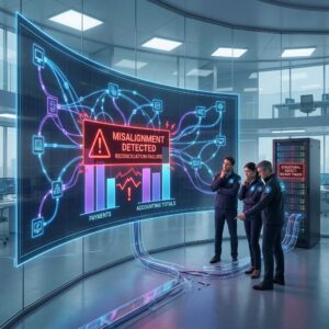 푸른 미래형 대시보드에 케이블 연결, 빨간 오류 그래프와 불일치 합계 앞에 분석가들이 난감해한 모습이다