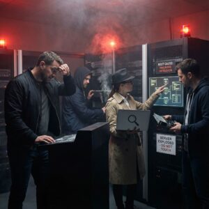 어두운 서버실에 붉은 경보등 번쩍, 연기 나는 랙과 긴장한 엔지니어, 원인 추적 분석가 모습이다