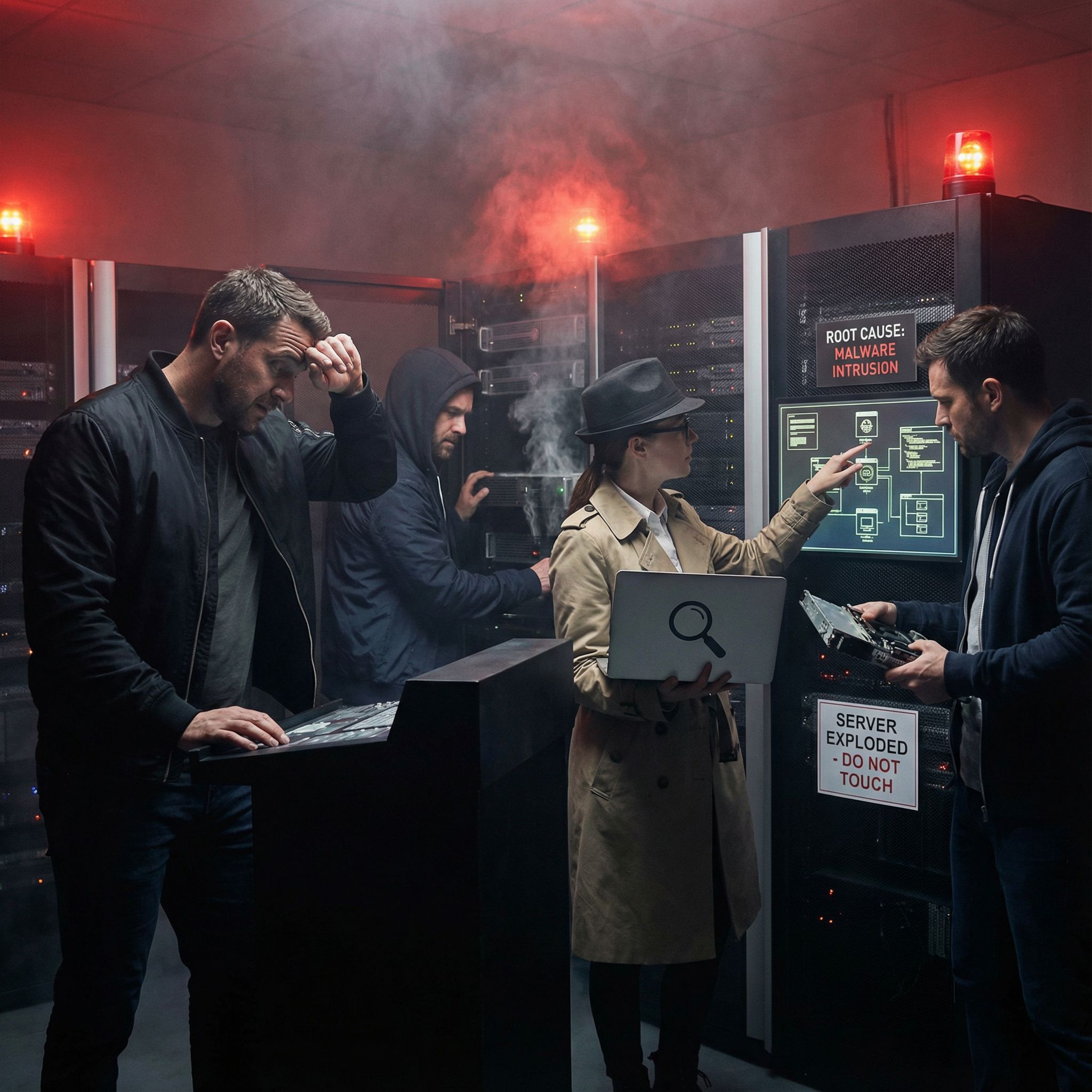 어두운 서버실에 붉은 경보등 번쩍, 연기 나는 랙과 긴장한 엔지니어, 원인 추적 분석가 모습이다