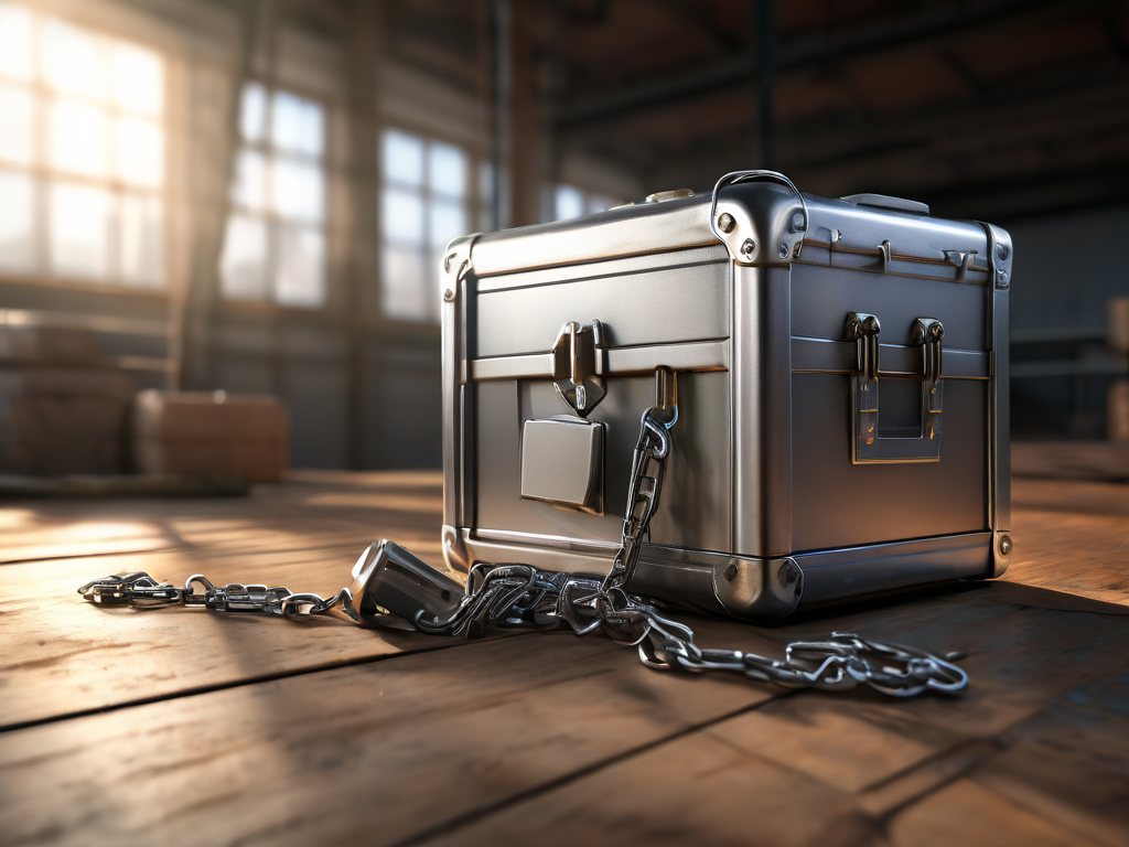 A metal storage case with a short chain sits on a brushed surface, beside small blocks representing linked file locations in...