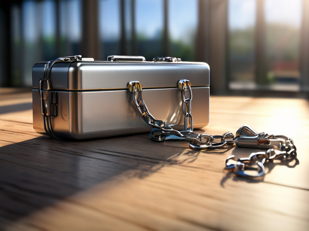 A sealed metal case with a short chain and small blocks on a brushed metal surface, representing connected file locations.
