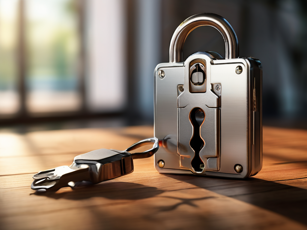 Small metal lock, key case, and blank security card on brushed metal surface with morning daylight.