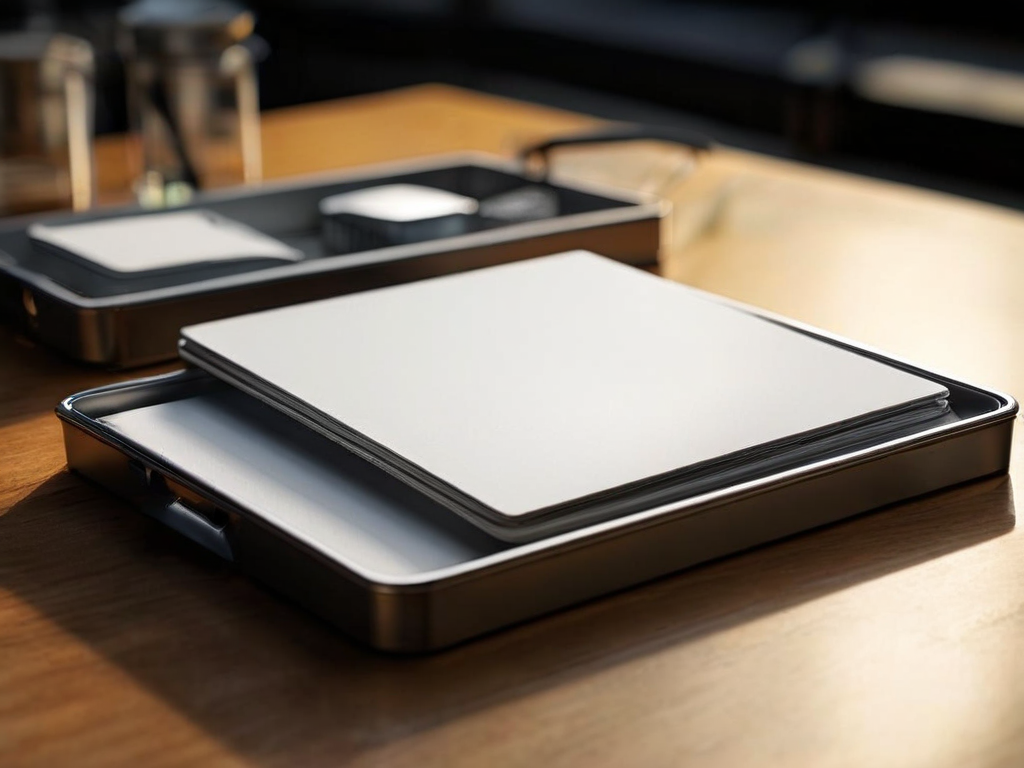Blank divider cards in a compact storage tray on a brushed metal surface, organized references metaphor, morning daylight.
