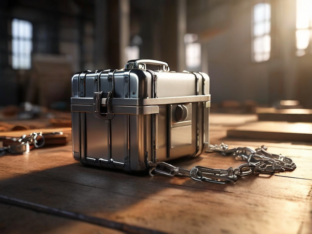 A secure storage case with a short metal chain sits beside small blocks linked together, representing connected file locations on...